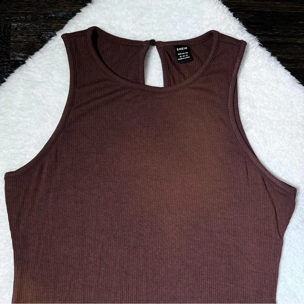 Brown Solid Ribbed Knit Unitard Romper - Image 3