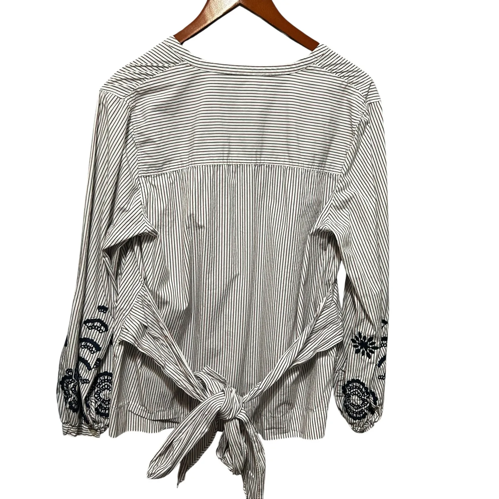 J Crew‎ Embroider Stripe Blouse Tie Back Top L Cottagecore Prairie Boho Feminine - Image 3