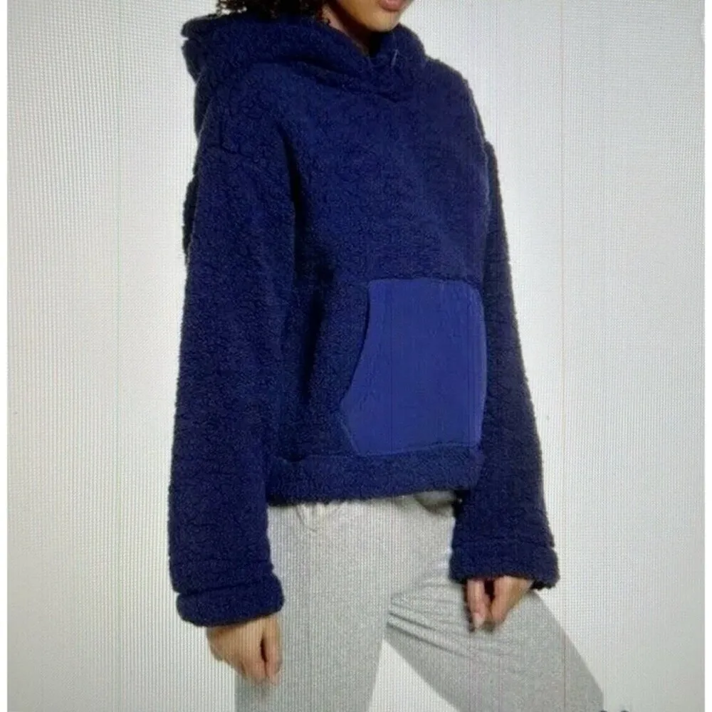 Zella Cassie Navy Faux Shearling Sherpa Boxy Hoodie Sweatshirt Size L - Image 3