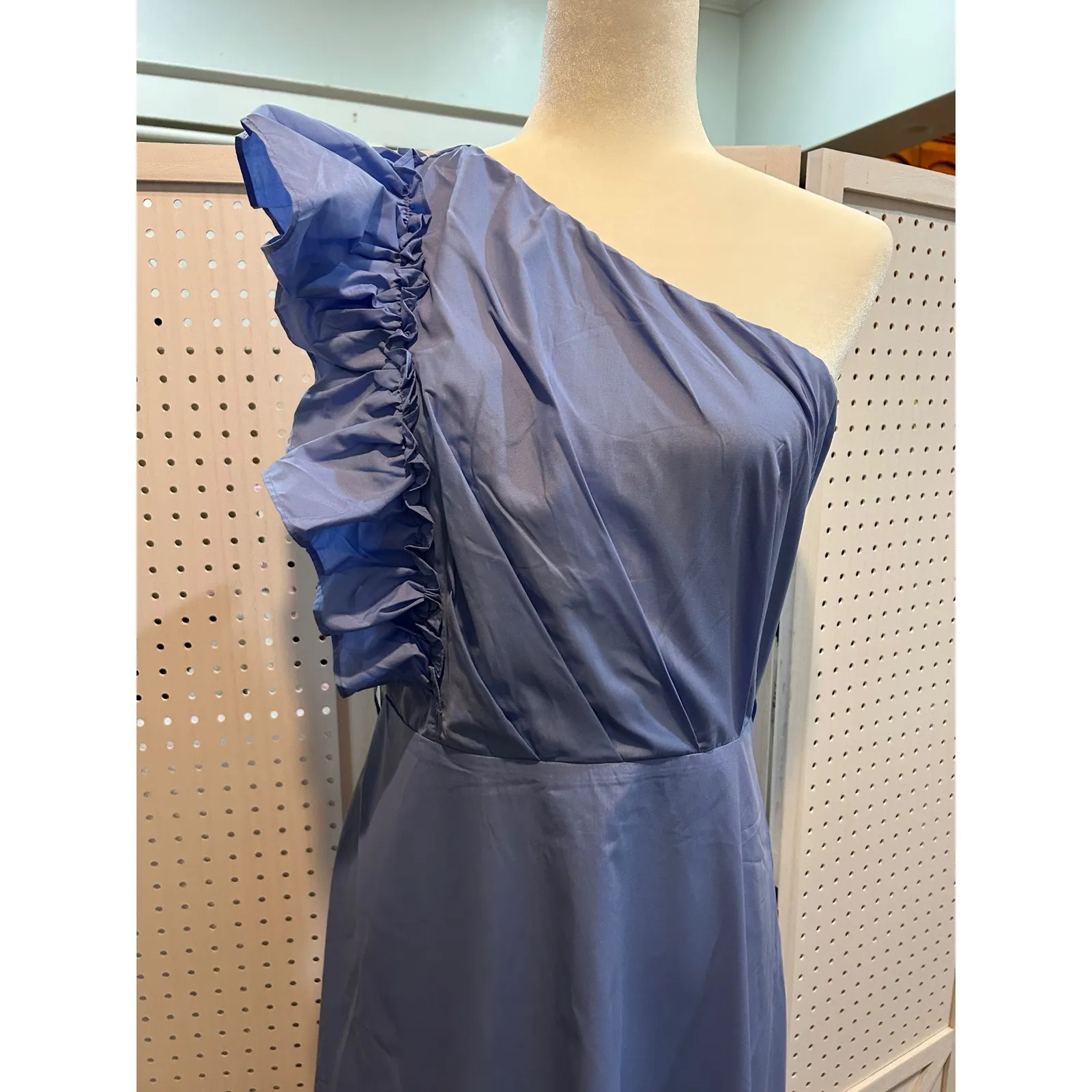 One Shoulder Ruffle‎ Dress Formal Cocktail Party Special Occasion Midi Blue Size M - Image 3