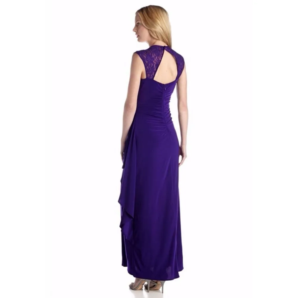 New! R&M RICHARDS Jeweled Lace-Shoulder Ruffled Open-Back Jersey Dress Purple 12 - Image 5