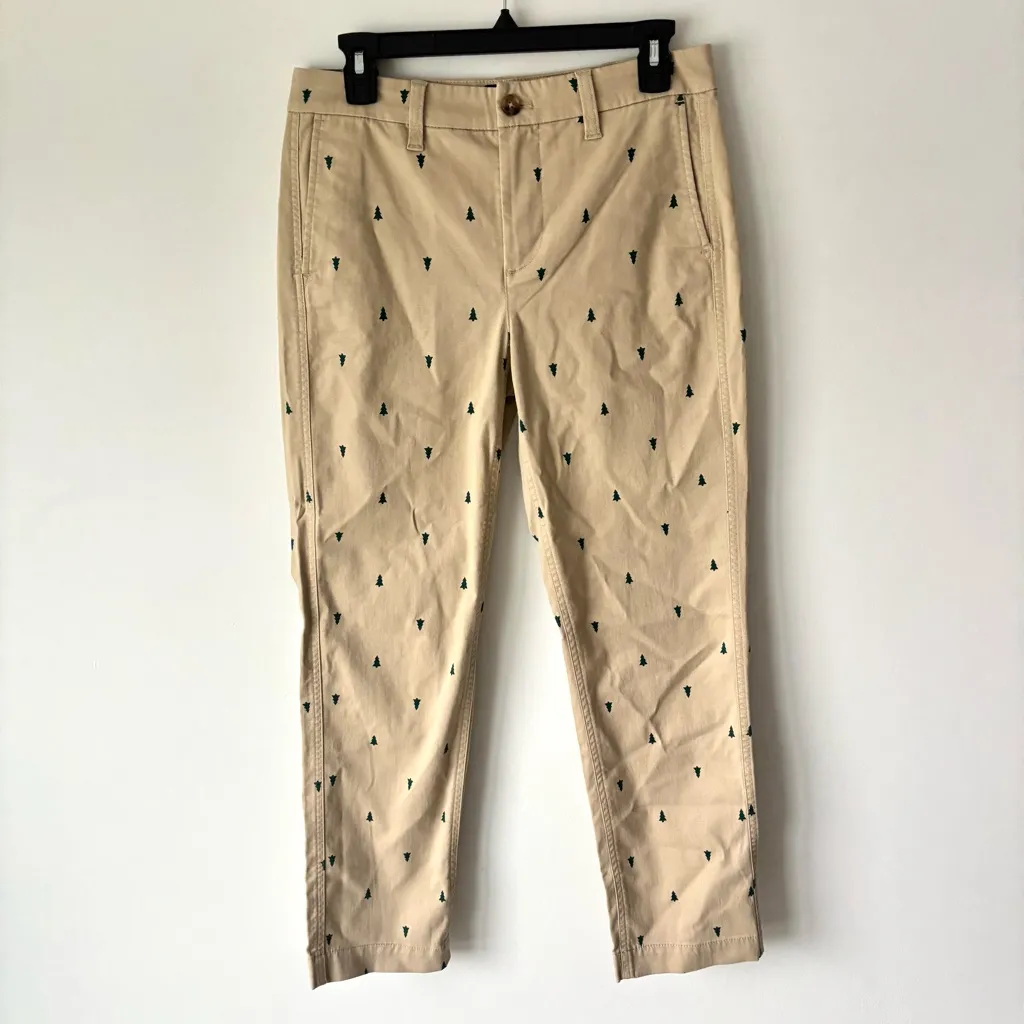 J. Crew High Rise Girlfriend Chino Pant Khaki Tan Green Christmas Trees Holiday - Image 2