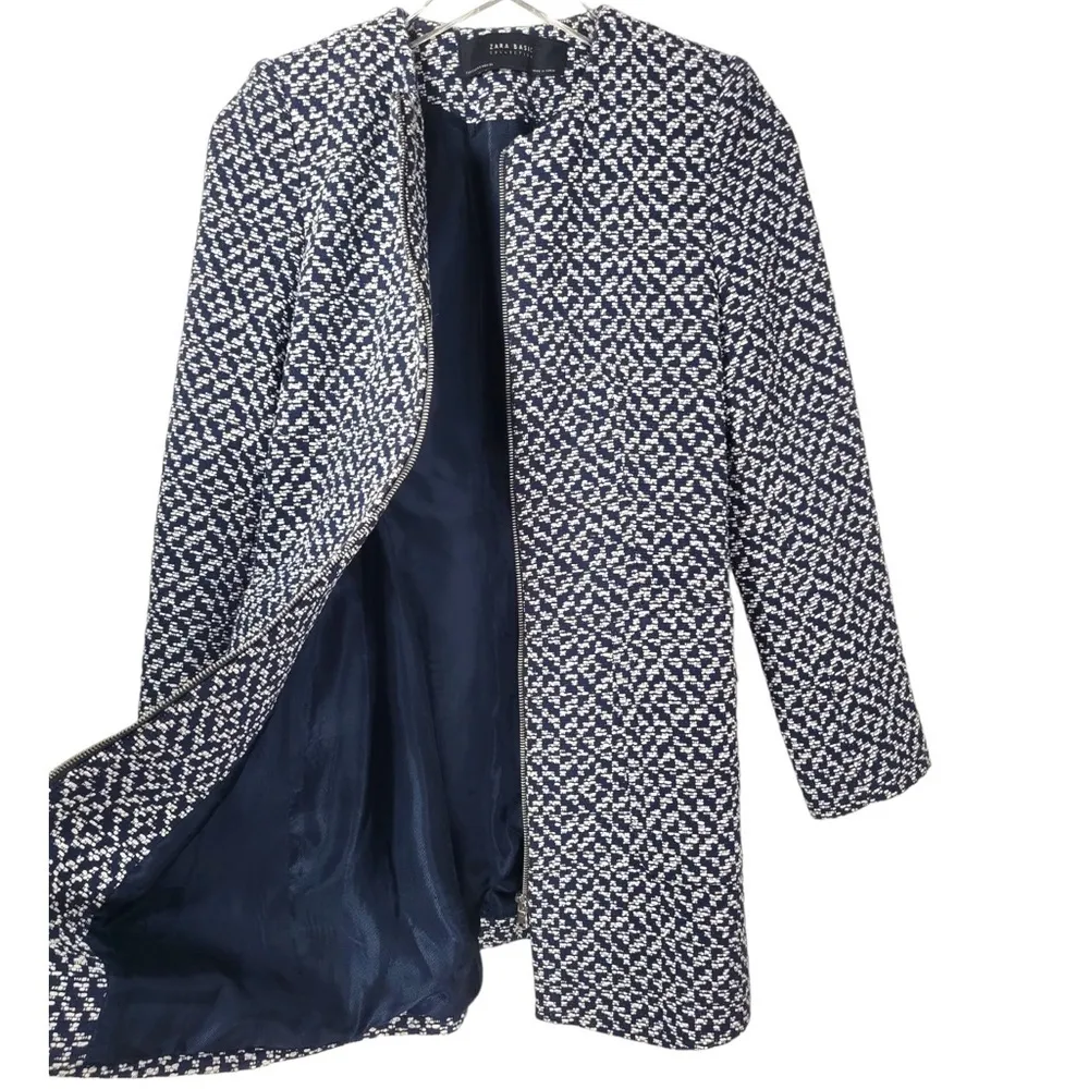 Zara Padded Shoulder Tweed Full Zip Coat in Navy Blue/White - Image 9