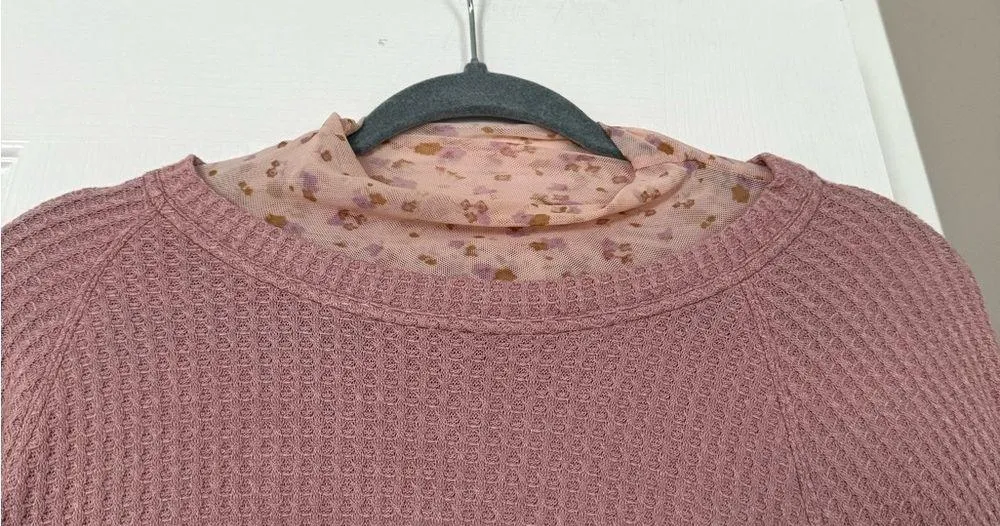 FREE PEOPLE Textured Mixed Media Sweater Dress Floral Hem Layered Bohemian Boho - Image 3