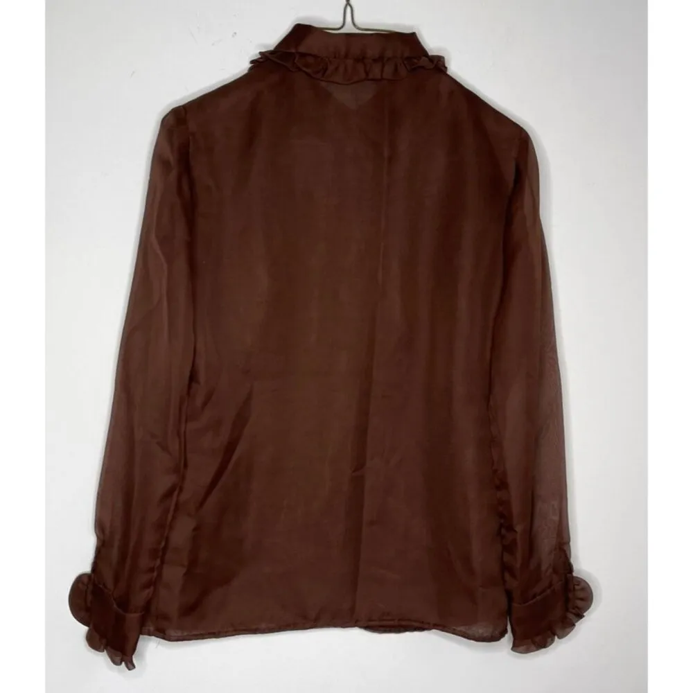 Vintage 60s Lanz Original Ruffled Sheer Blouse Shirt Size S Brown - Image 5
