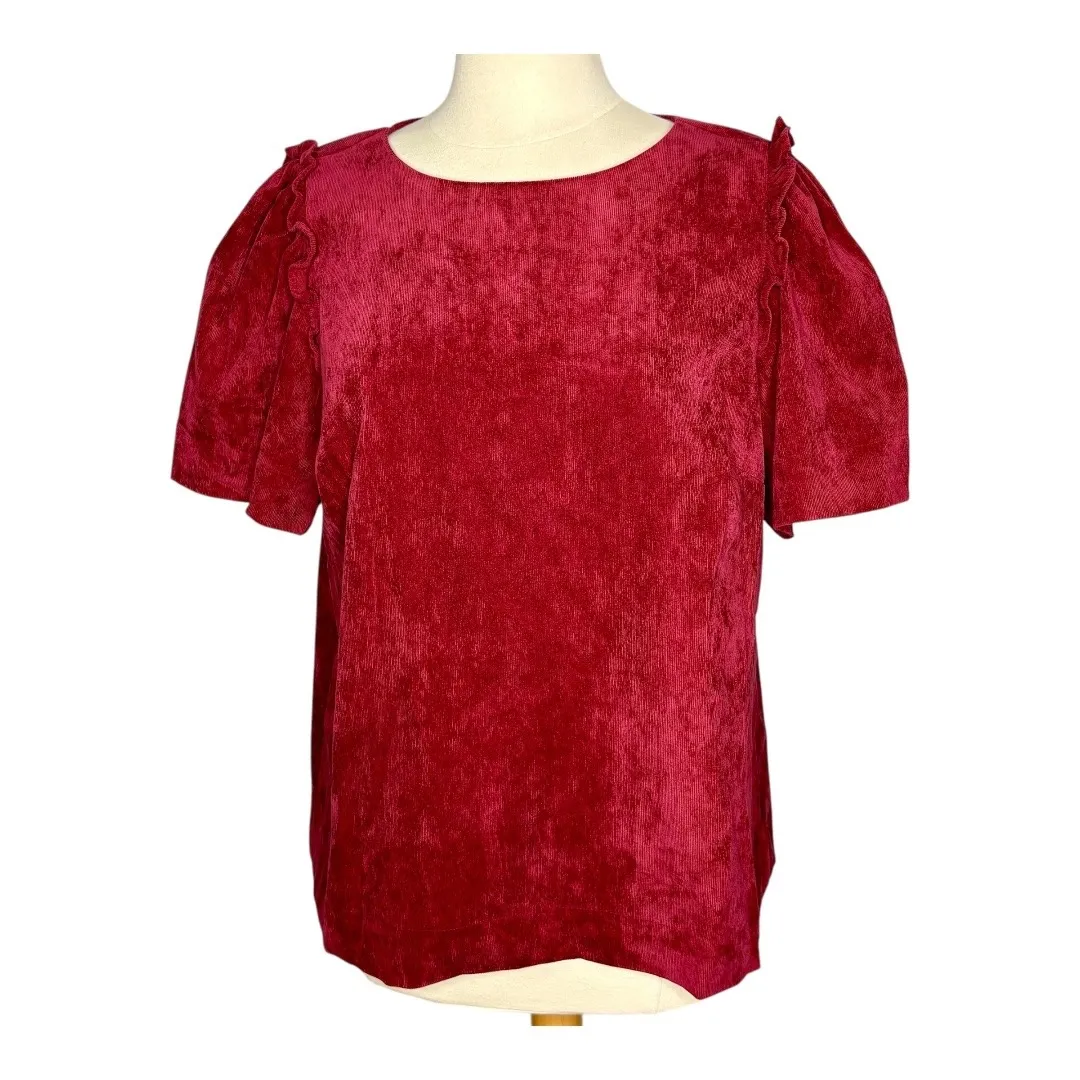 Crown‎ & Ivy Corded Top Ruffle Puff Sleeve Corduroy Cranberry Women Size XL - Image 4