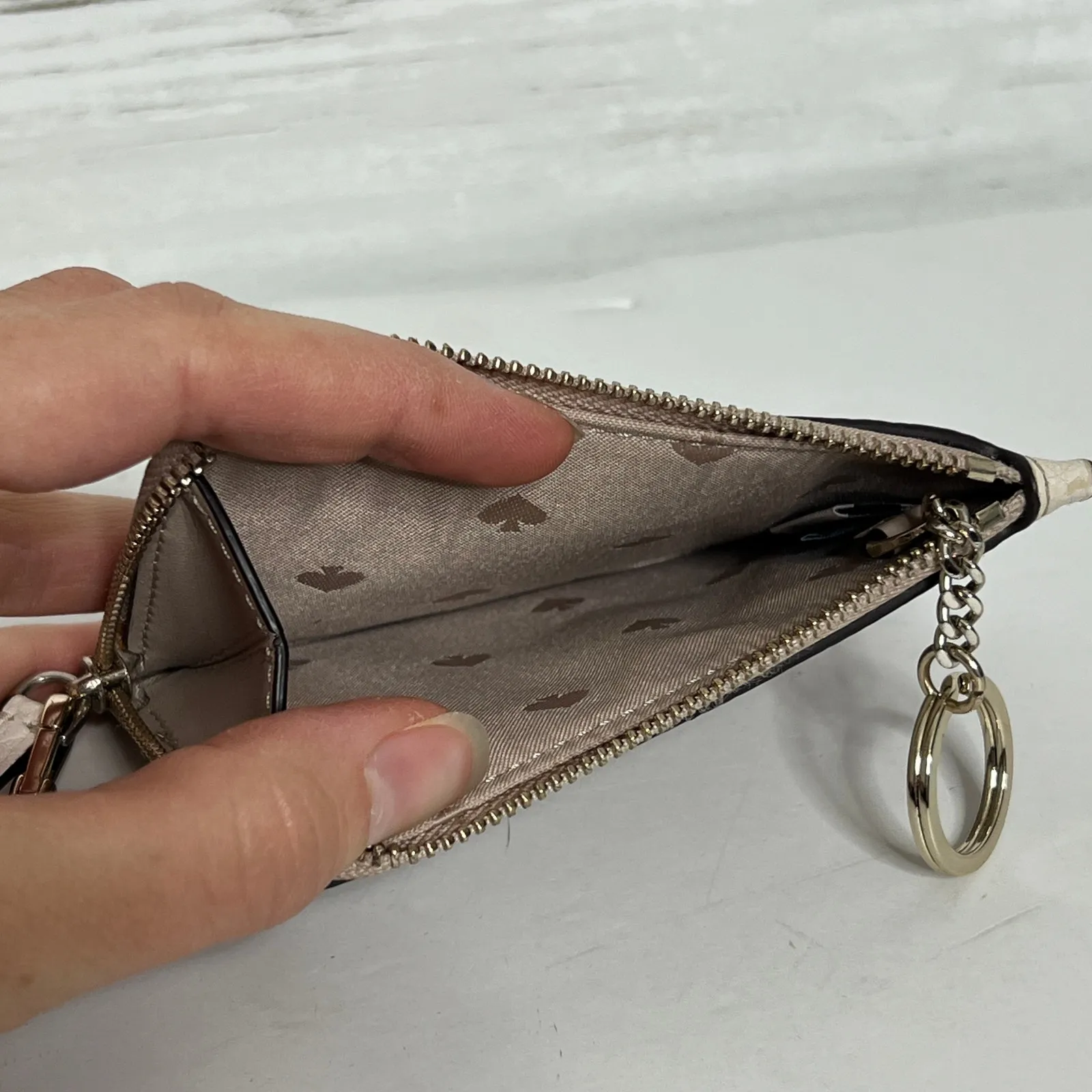 Kate Spade Pebbled Leather Card Case Wallet Zip Coin Cardholder Beige Taupe - Image 11