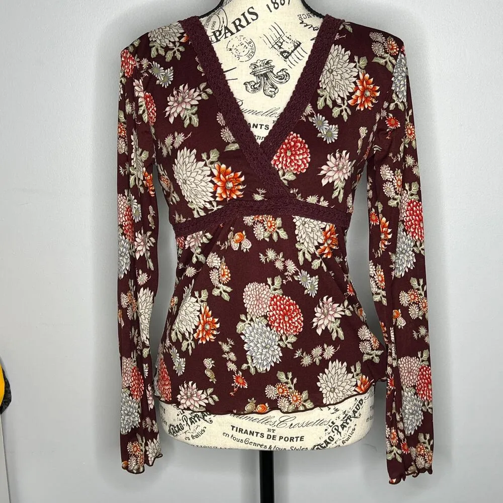 Old Navy MEDIUM Maroon Floral Empire Waist V-Neck Bust Detail Blouse Top - Image 15