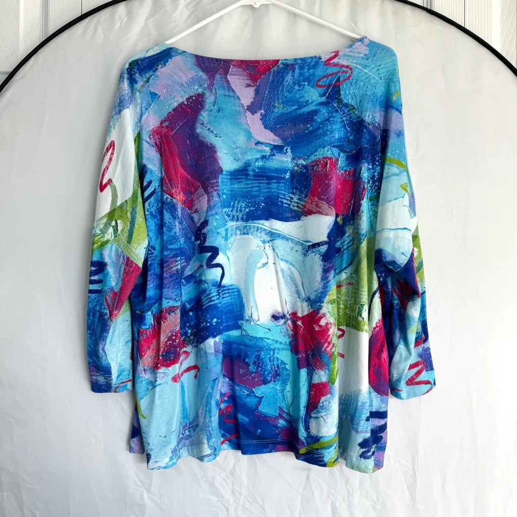 Ali Miles Multicolor Abstract 3/4 Sleeve Top XLP Artsy Lagenlook Embellished Blue Size undefined - Image 4