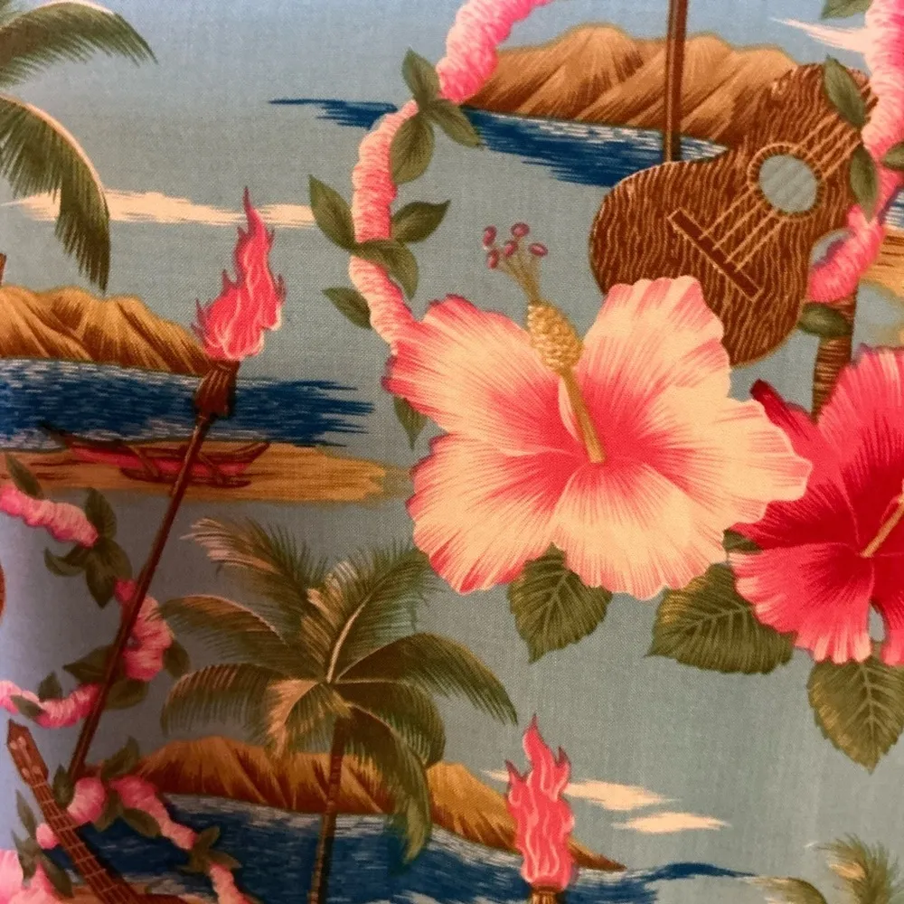 Vintage Hawaiian Shirt Tropical Floral Ukulele Print Button Up Blue Size M - Image 12