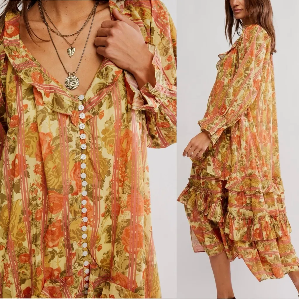 Free People Garden Wonders Maxi Dress Retro 70s Bohemian Floral Size Small NEW - Image 7