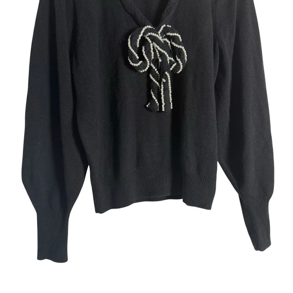 LoveShackFancy Leonora Black Ruffled Knit Wool Pearl Bow Sweater Size Small - Image 8