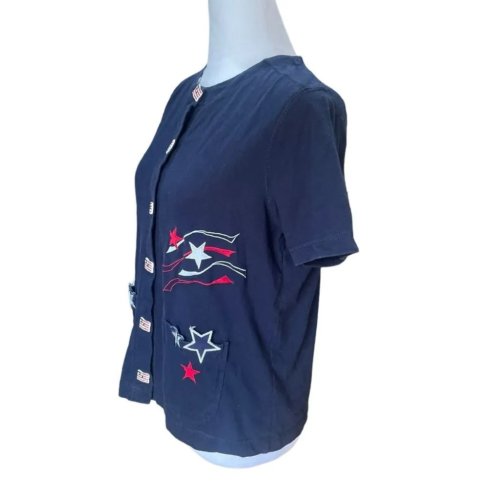 Onque Petite Patriotic Flag Stars Button Up Sweater Short Sleeve Red White Blue - Image 3