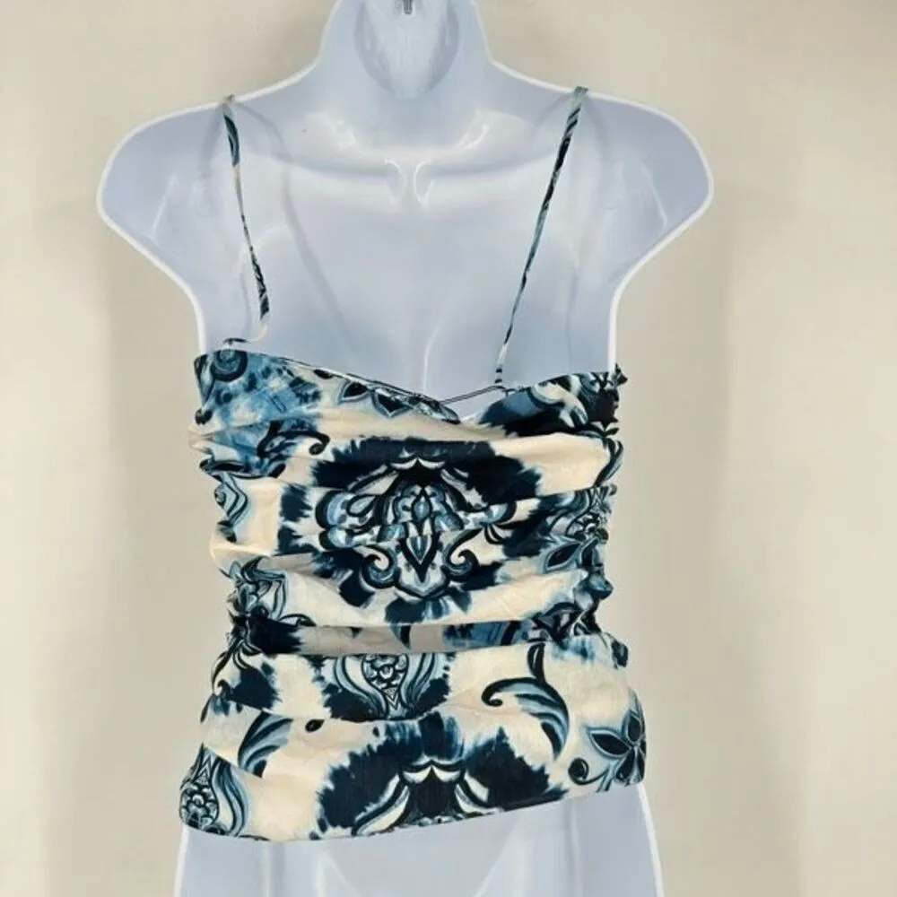 NWT Zara XS Floral Printed Ruched Cami Tank Top‎ Y2K THE OC White Blue - Image 7