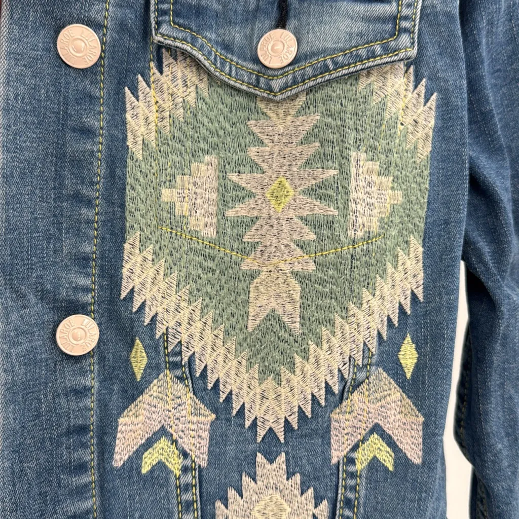 LuLaRoe Denim Jacket Yellow cream sage Embroidery stretch casual L boho Aztec SW - Image 10
