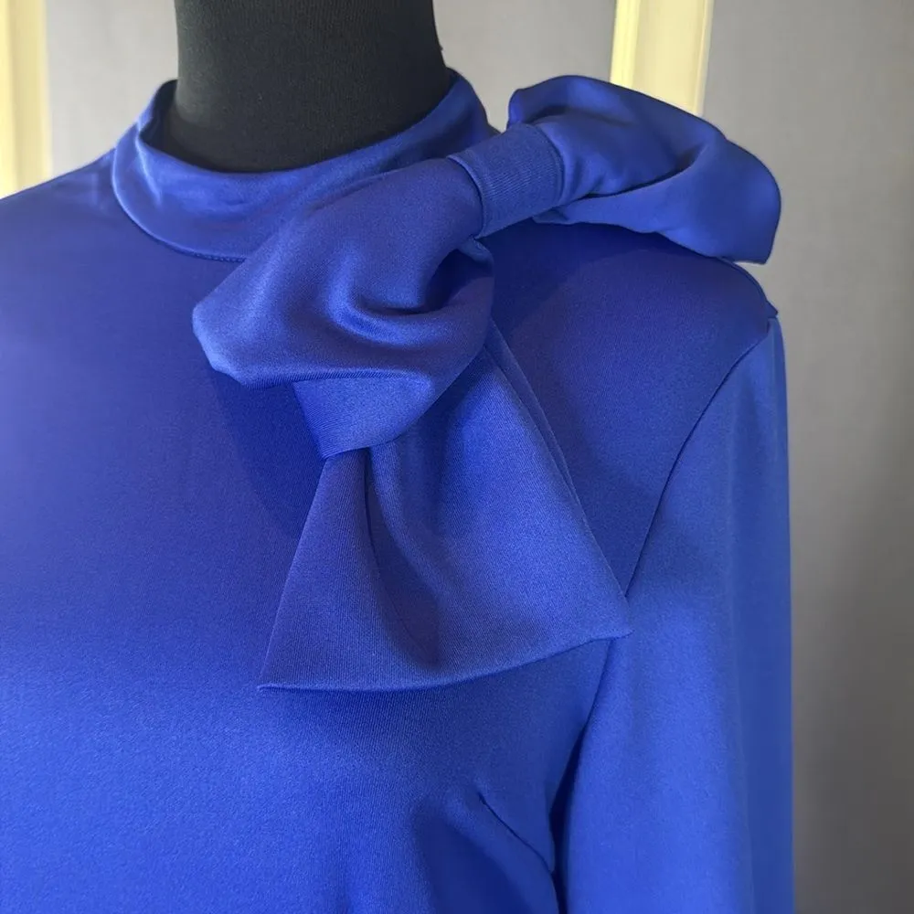 Women’s Blue Long Sleeve Midi Pencil Dress with Bow Detail Size XL NEW - Image 2