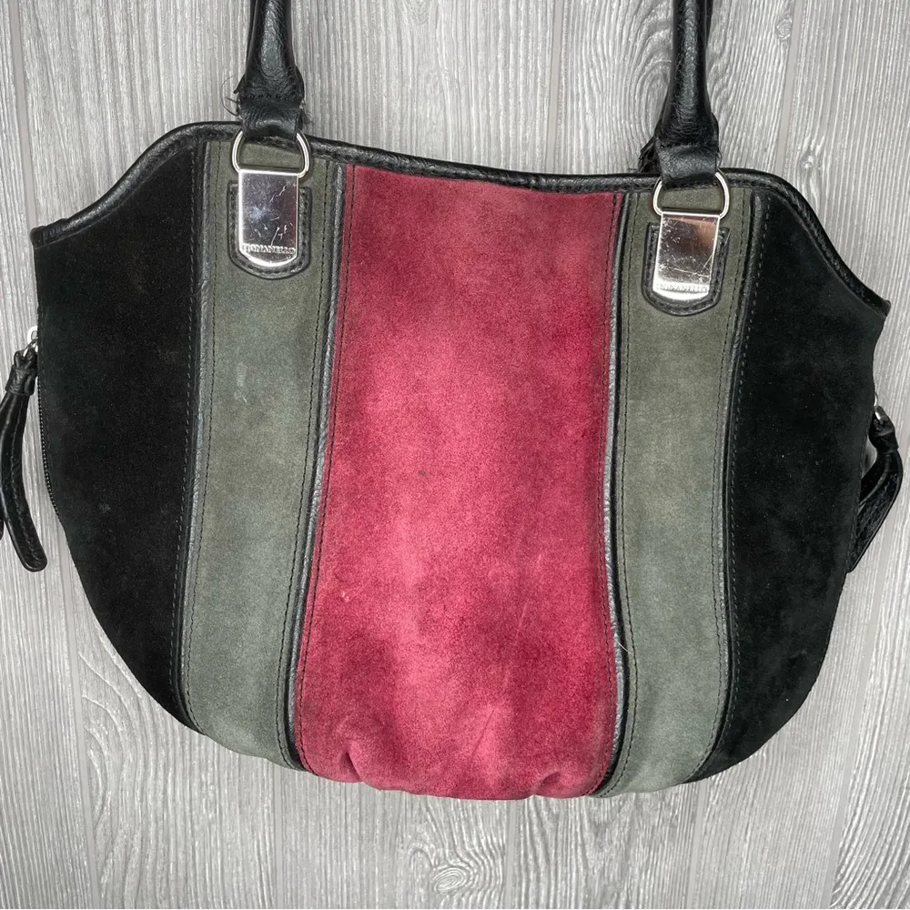 Tignanello Suede & Leather Striped Shoulder Bag Satin Lining Black Grey Burgundy - Image 7