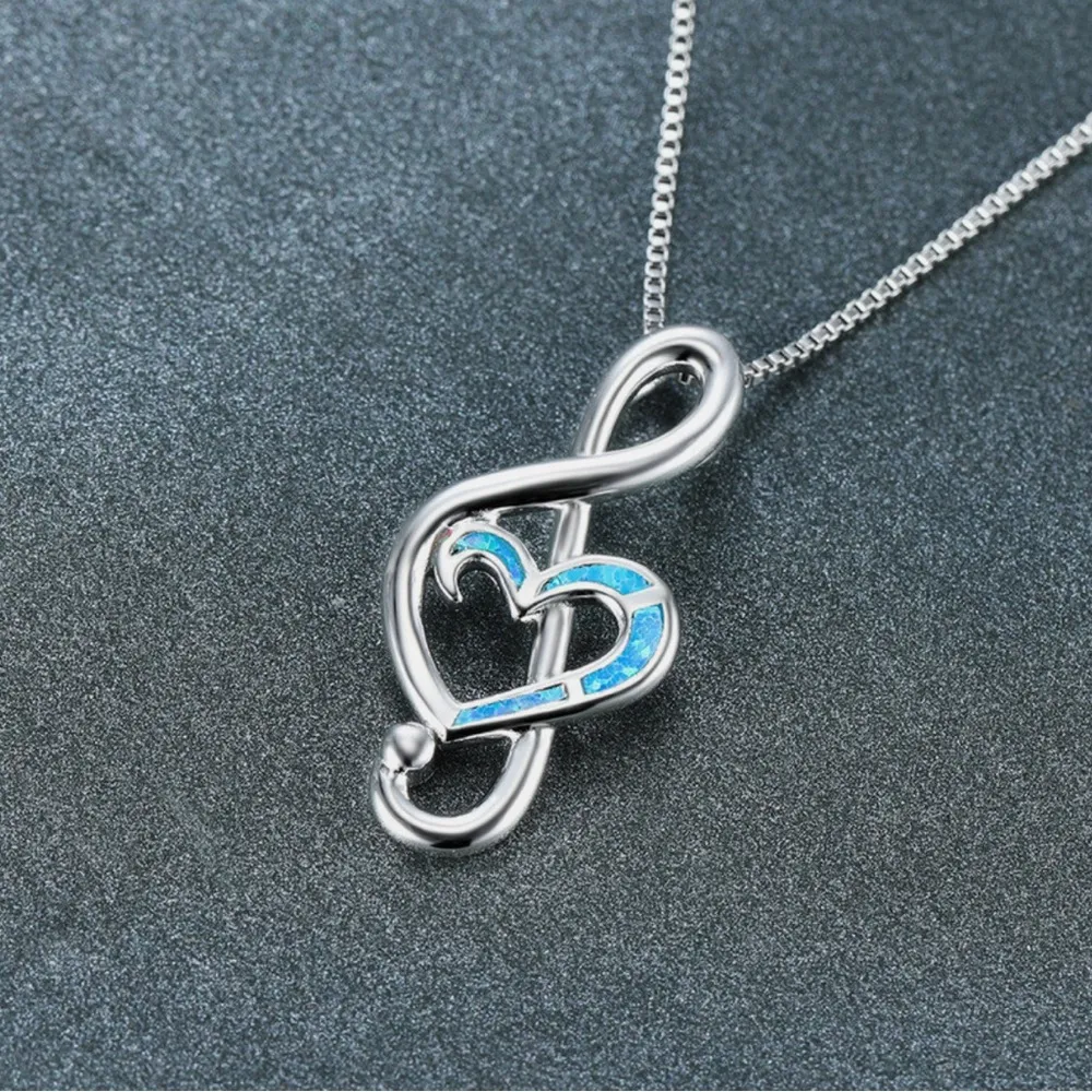 Music Synthetic Blue Opal Inlay Heart Treble Clef Note Necklace Sterling Silver - Image 5
