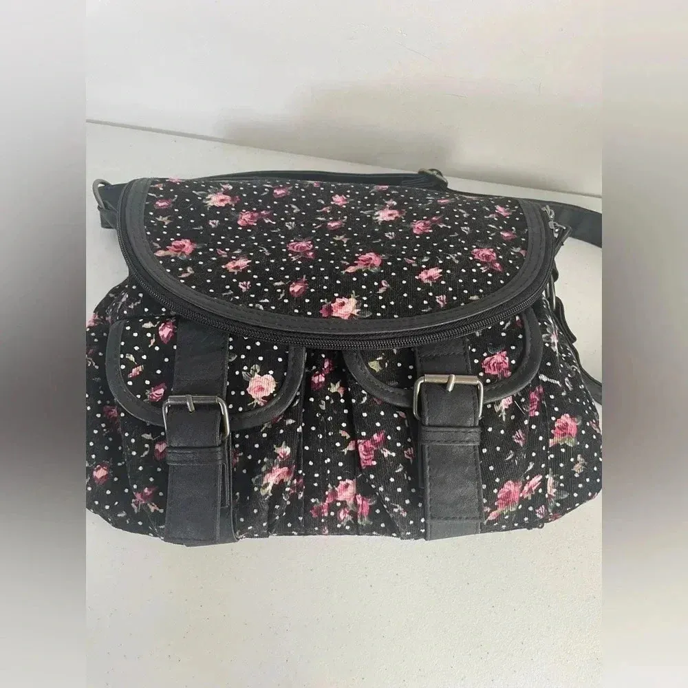 Olsenboye Floral Crossbody Bag Corduroy Black Pink Leather Strap GUC! 0096‎ - Image 2