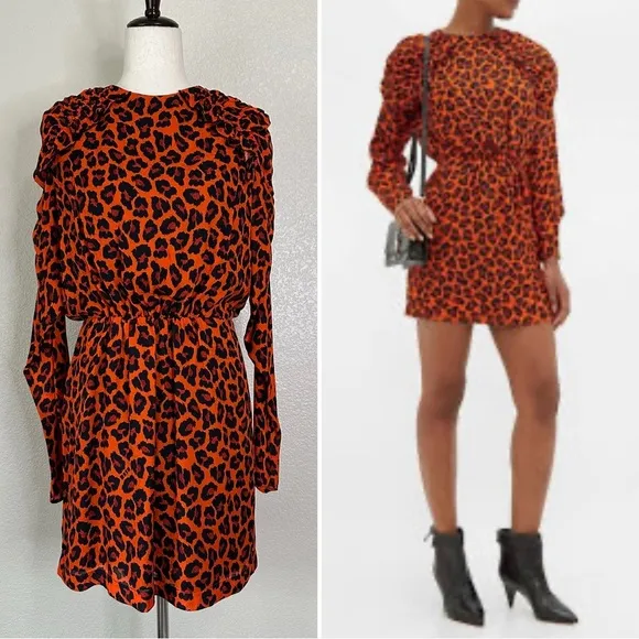 MSGM Milano Ruffled Orange Leopard Print Crepe Mini Dress, Sz Medium Red - Image 2