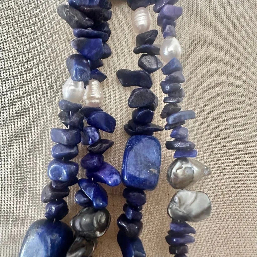 Lapis Lazuli & Freshwater Pearl Double Strand Necklace Blue - Image 3