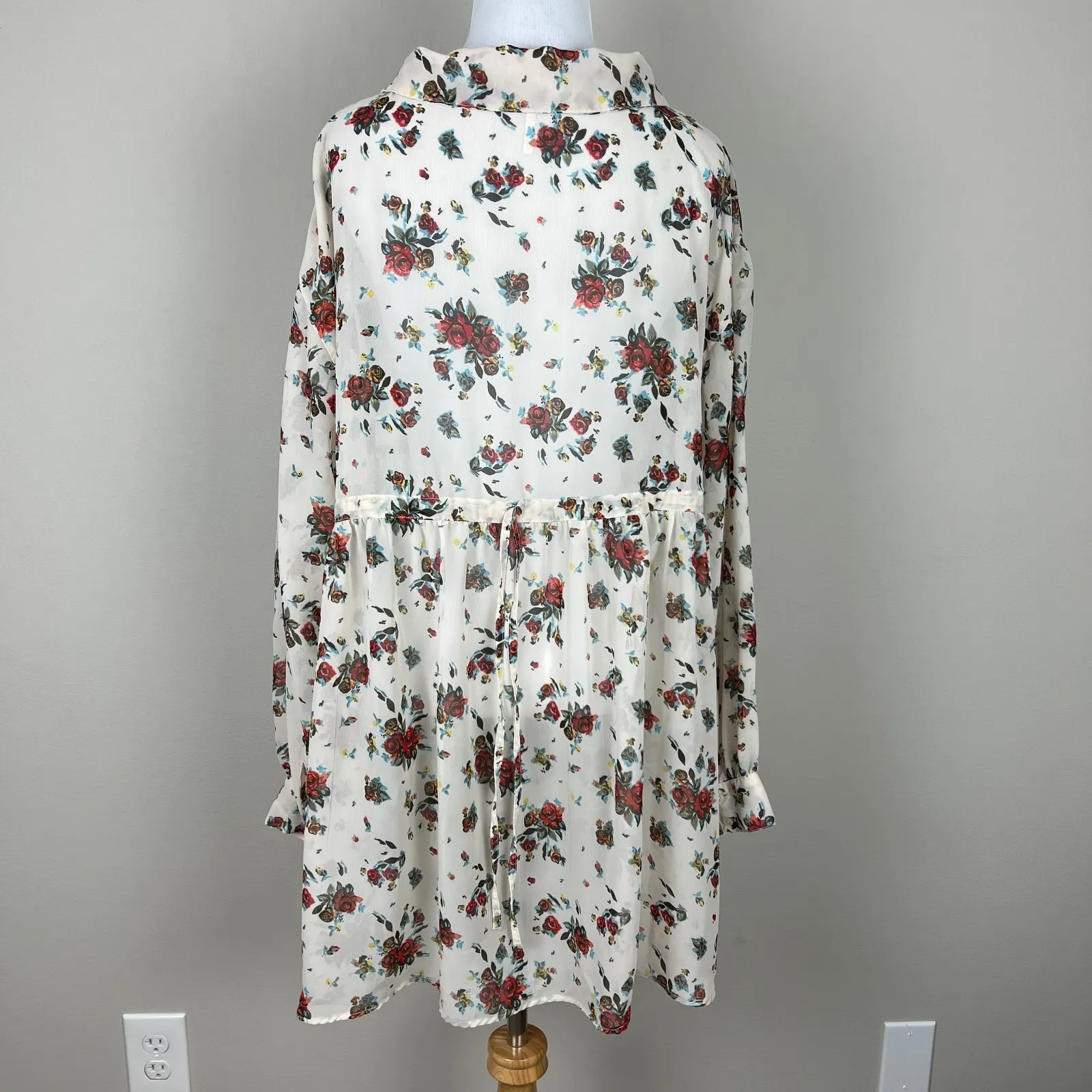 Free People Tunic Top Womens Small Drawstring Tie Back Floral‎ Sheer Bohemian S - Image 12
