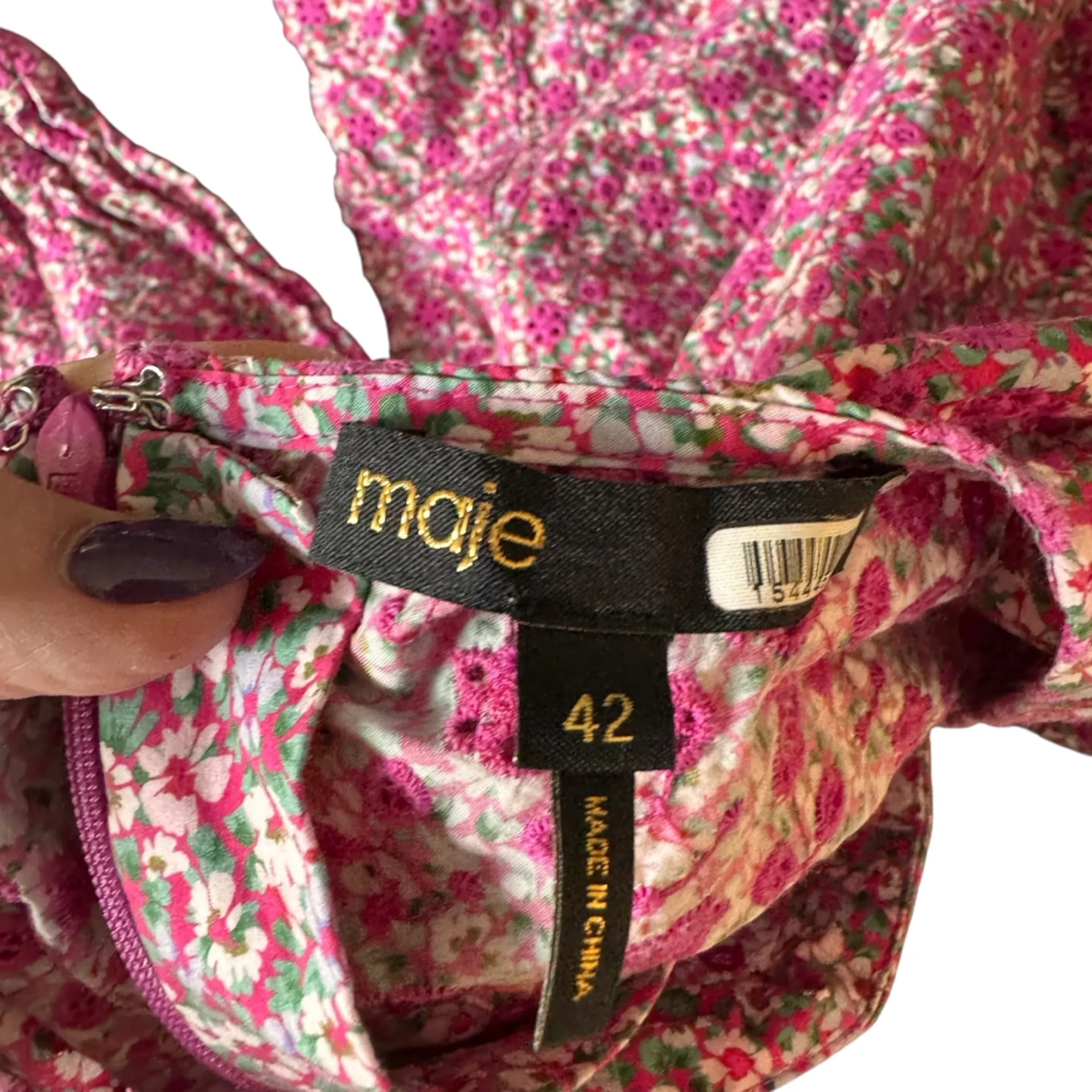 MAJE - Floral Print Broderie Anglaise Cotton Mini Dress Pink Sz 42 (US 10) - Image 9