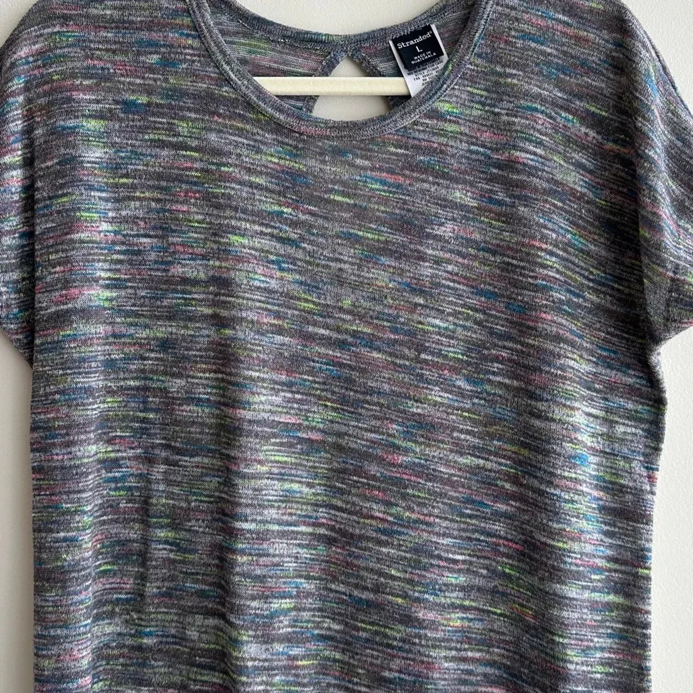 Stranded Grey/Pink/Blue/Green Heathered Short Sleeve Shirt, Keyhole Back, Large Gray - Image 3