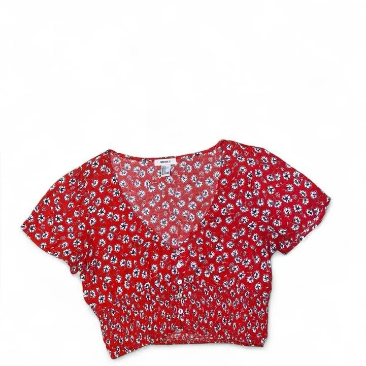Red floral button up crop top - Image 2