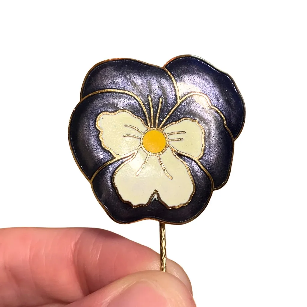 Vintage 70s Pansy Cloisonné Enamel Purple Flower Gold Tone Stick Pin Retro 2.5” - Image 4