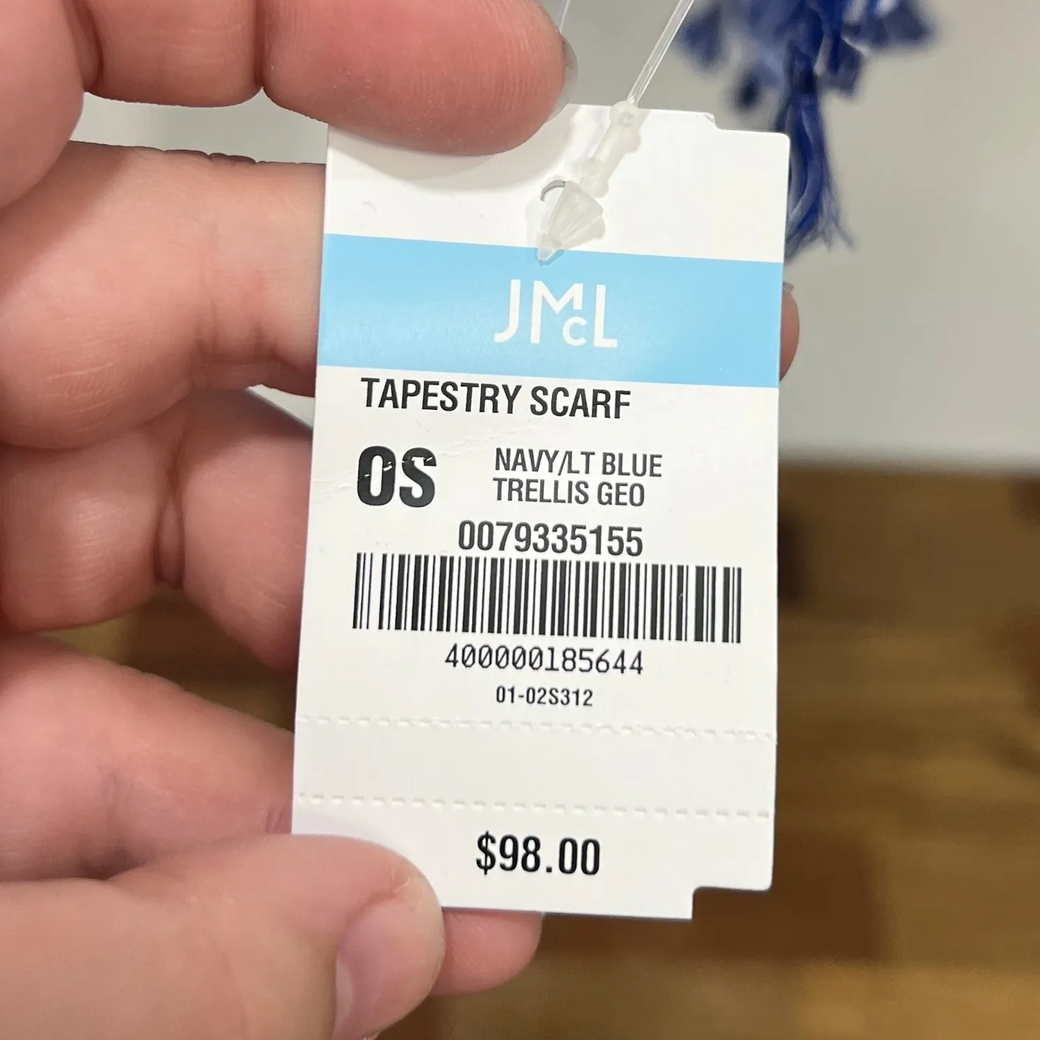 J Mclaughlin Tapestry Scarf NWT $98 Trellis‎ Geo Blue White Tassel Cotton Neck - Image 4