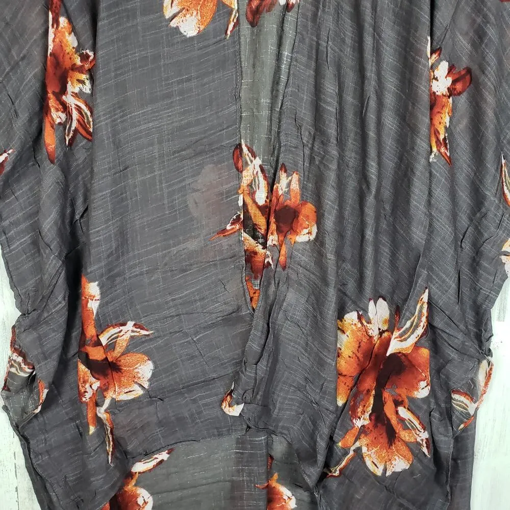 New Gray Floral Print Open Front Boho Flower Lightweight Kimono Women's One Size Size undefined - Image 3
