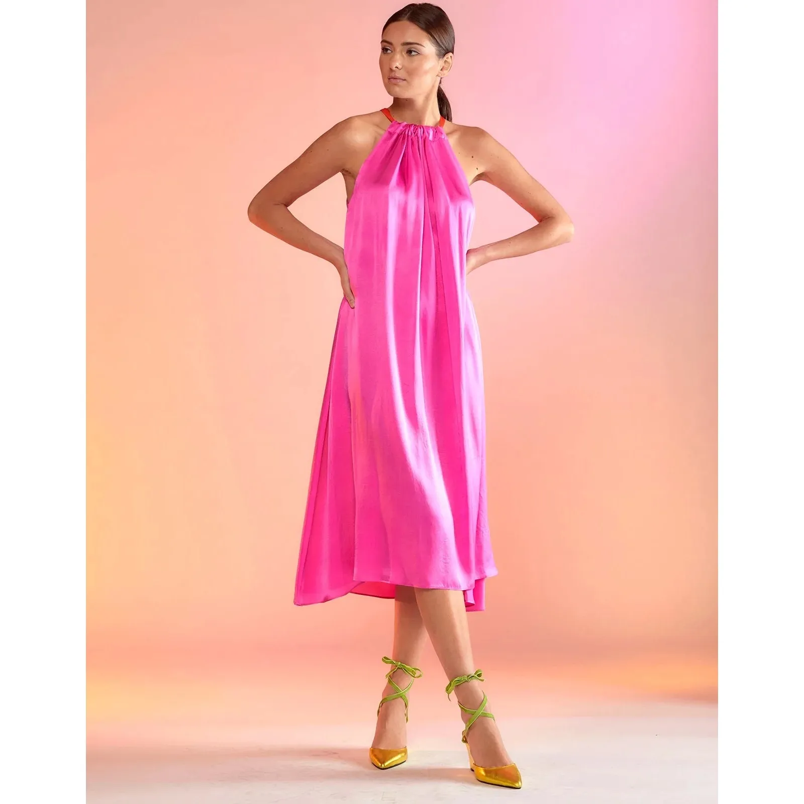 Cynthia Rowley Salerno Silk Halter Midi Dress hot pink orange flowy size S - Image 2