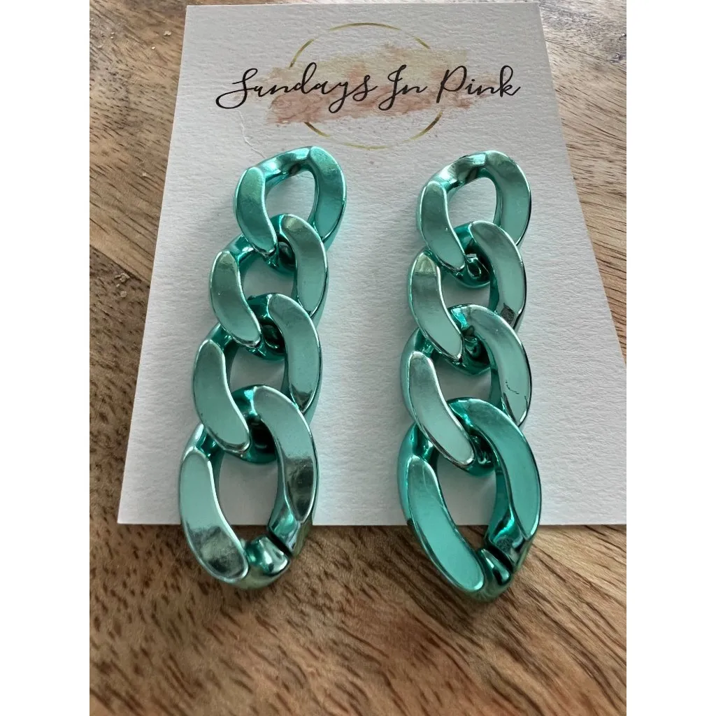TEAL Aqua Metallic Chain Link Earrings NEW Blue - Image 2