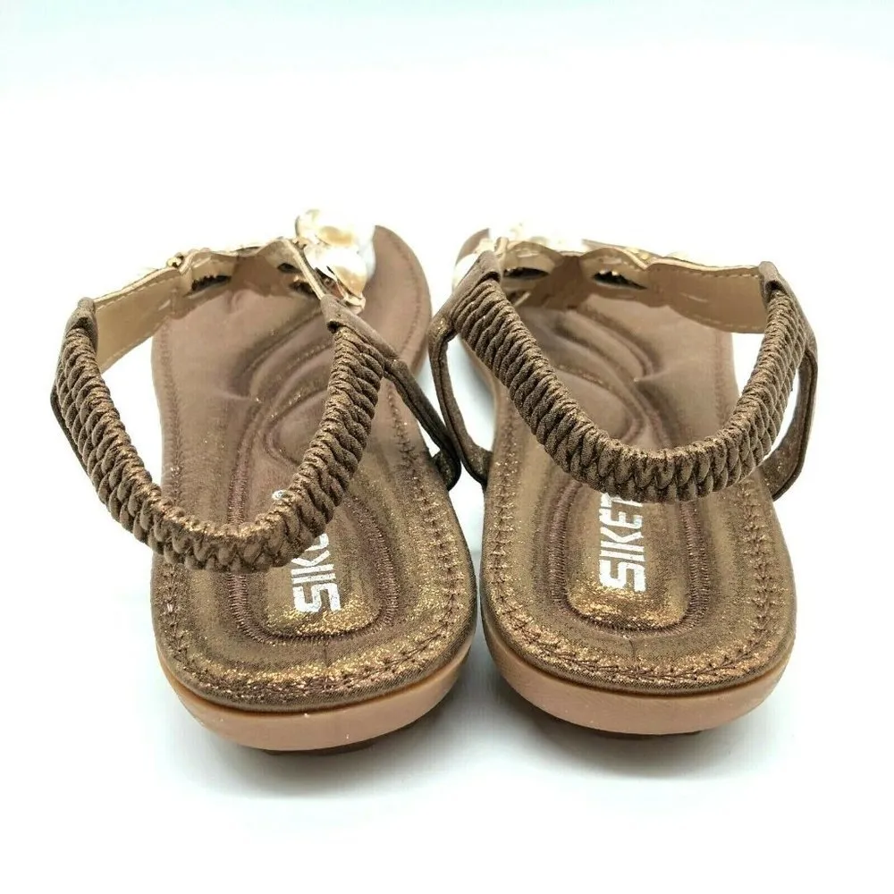 Siketu Womens Sandals Thong Rhinestones Faux Pearl Brown Size 8 - Image 3