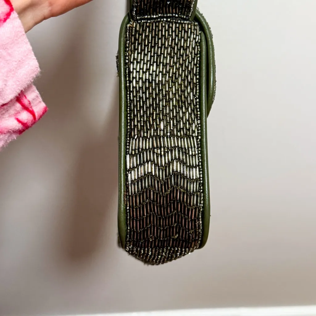 STAUD Tommy bag moss olive green beaded shoulder purse embroidered metallic NYE - Image 11