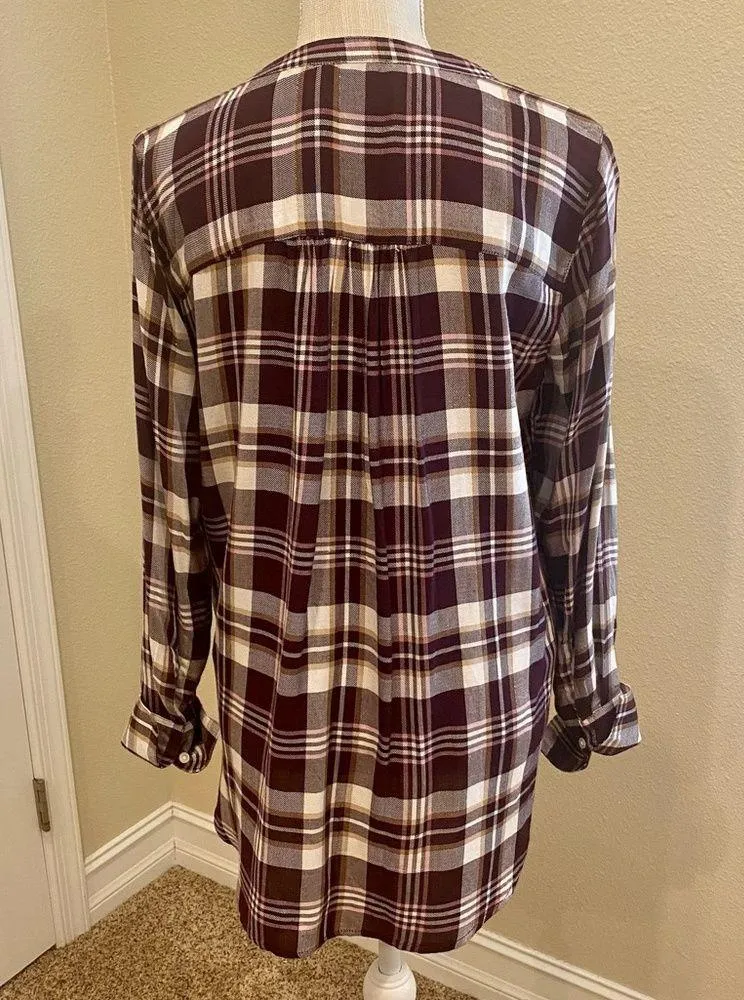 Shimmer Plaid Henley Popover Blouse Plum Size Small - Image 10