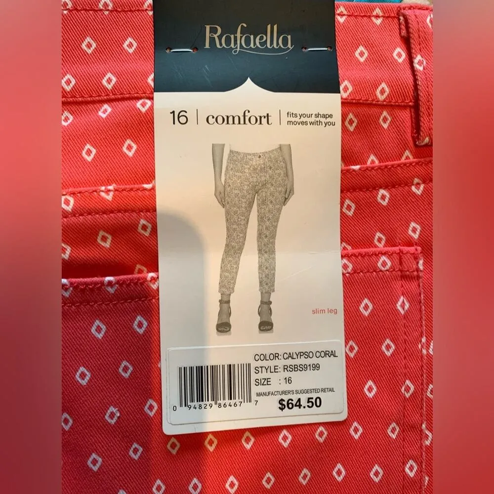 Rafaella Comfort Stretch Pull On Printed Knit Twill Coral Pants Size 16 NEW - Image 5