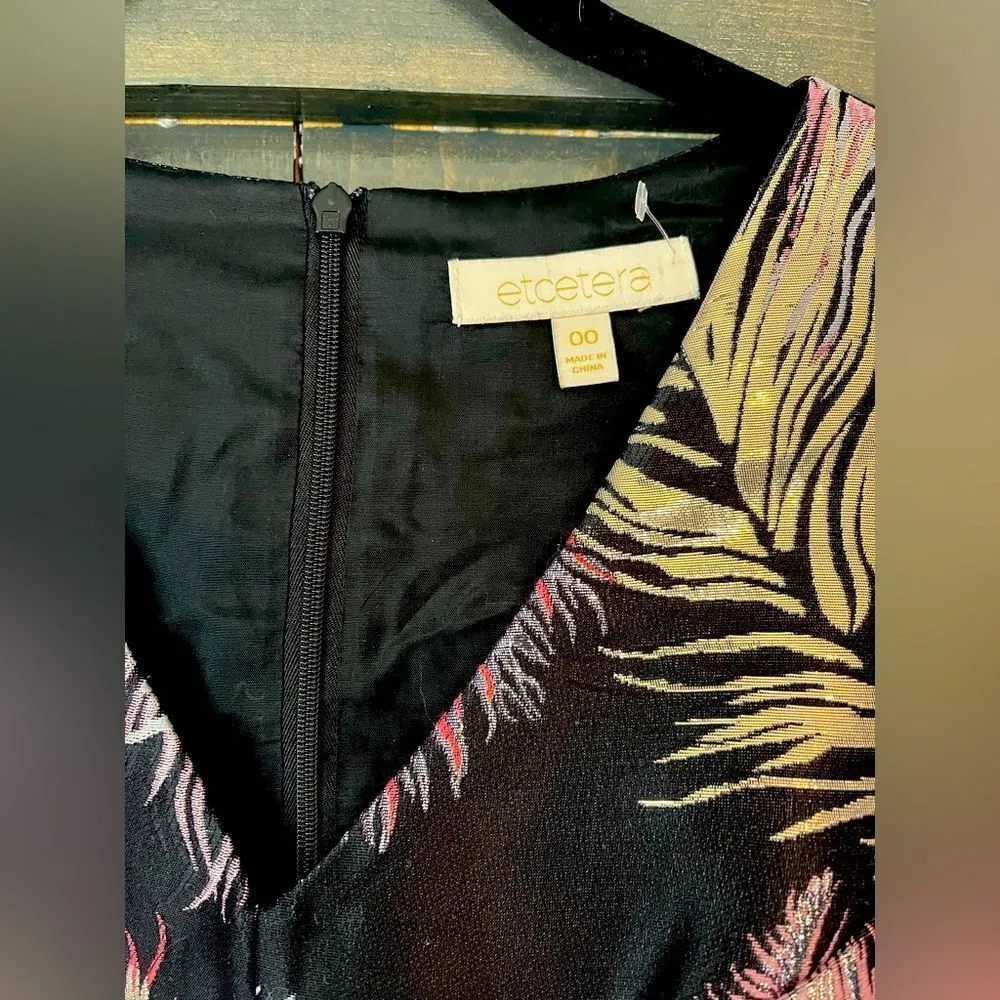 Etcetera‎ Black Feather Print Cocktail Dress V-Neck Sleeveless Party Dress E12 - Image 2