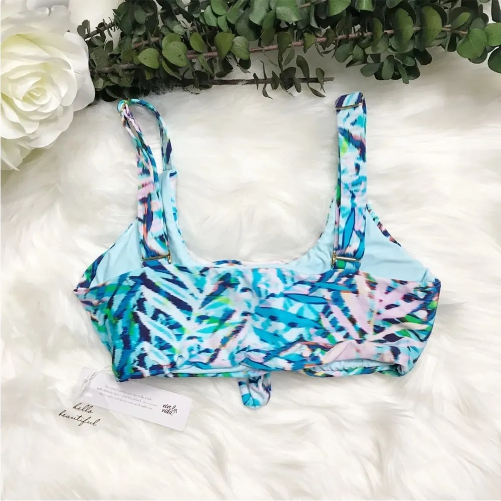 PilyQ Small Blue, Pink Tropical Knotted Crop Bikini Top Swim - Image 3