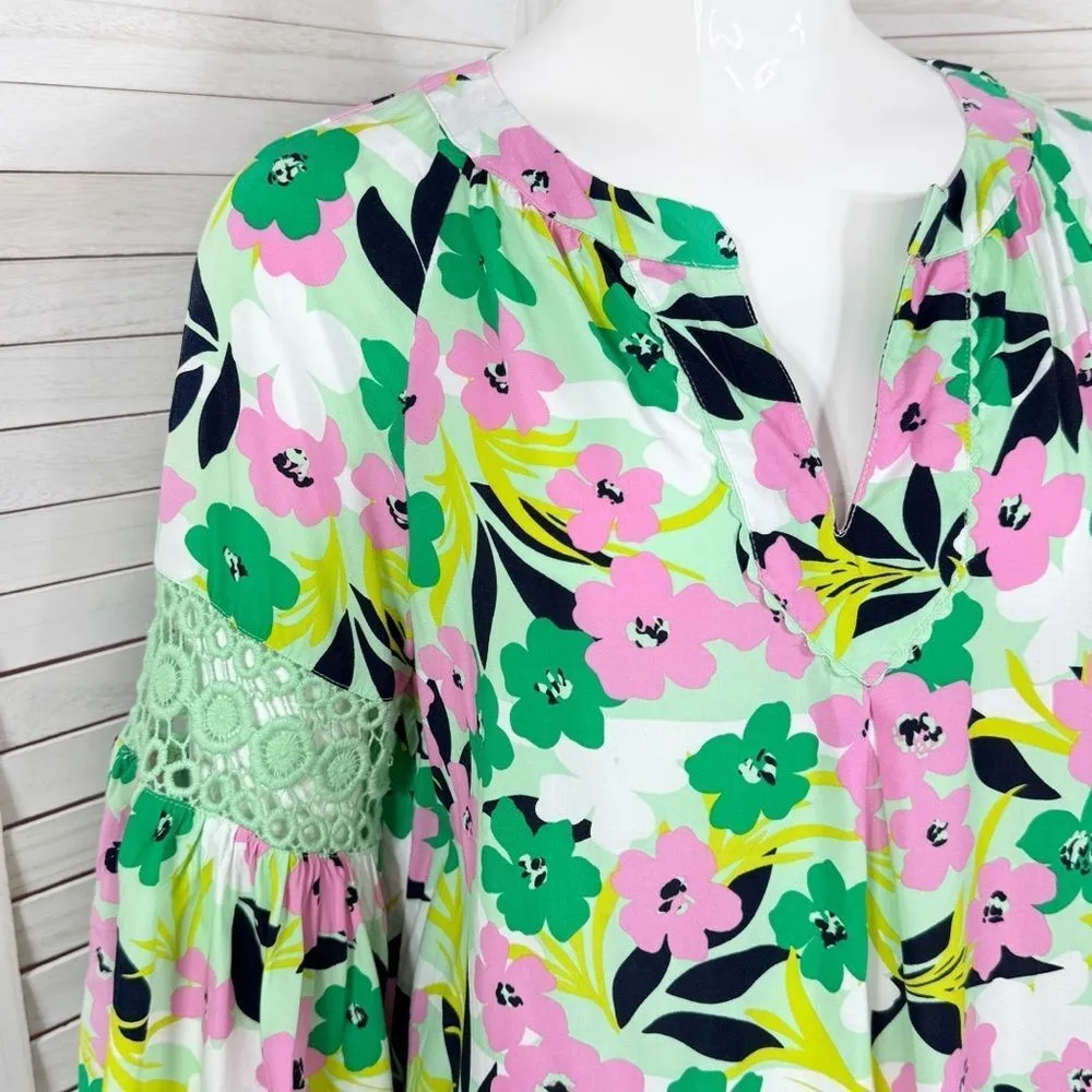 Crown & Ivy Floral Garden Party Flare‎ Sleeve Tunic Top Crochet Detail Green XS - Image 5