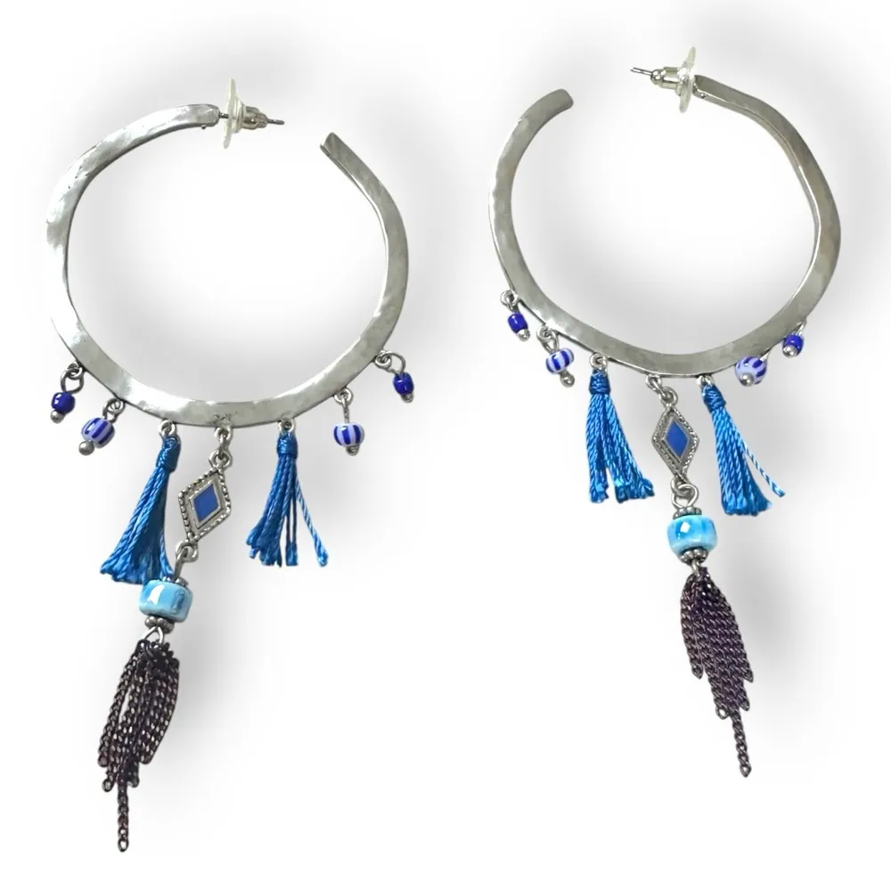 Free People Western Bohemian Beaded Fringe  Hoops Earrings Silver Blue Festival - Image 9