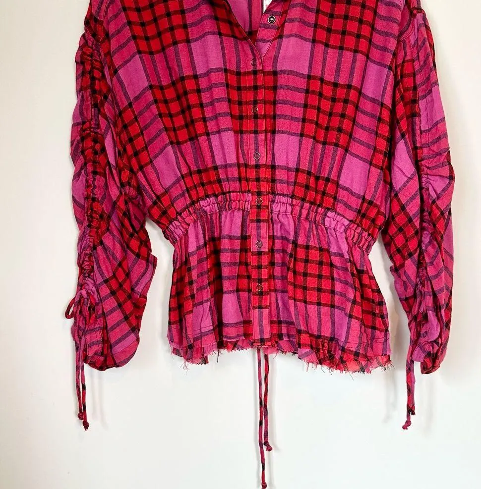 NWT Free People Pacific Dawn Red and Pink Plaid Button-Down Shirt Size: XS - Image 5