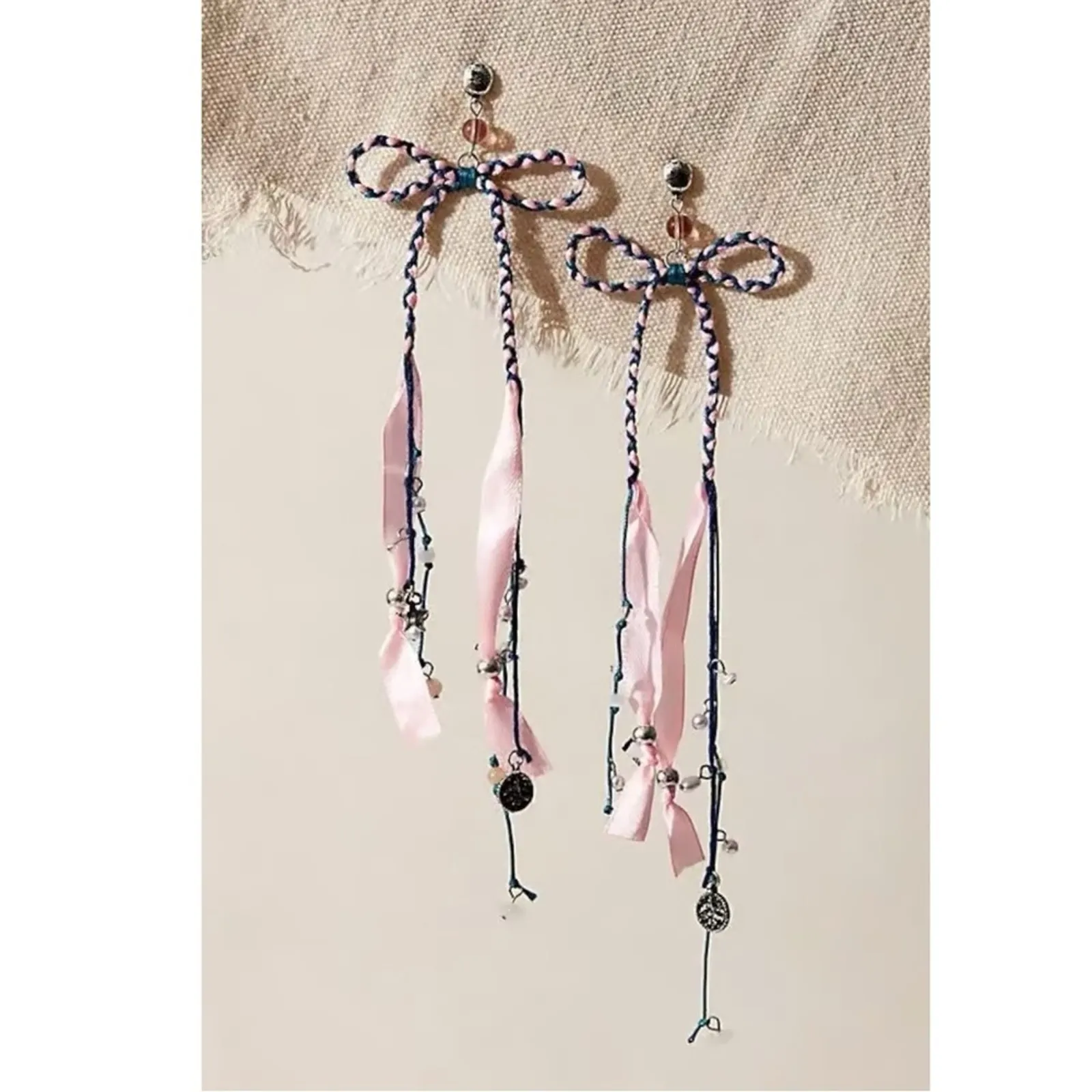 Free People Candy Baby Bow Dangle Earrings Pink Blue Braid Coquette Mermaid NWT - Image 9