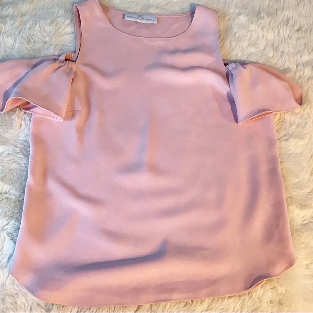 AMANDA UPRICHARD Cold Shoulder‎ Blouse Top Short Flutter Sleeve Light Pink XS - Image 5