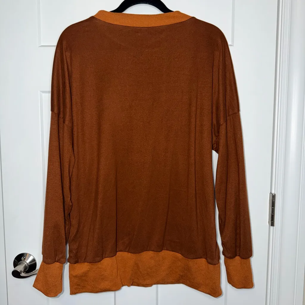 Ribbed Contrast Trim Crew Neck Fleece Pullover Brown Size L - Image 2