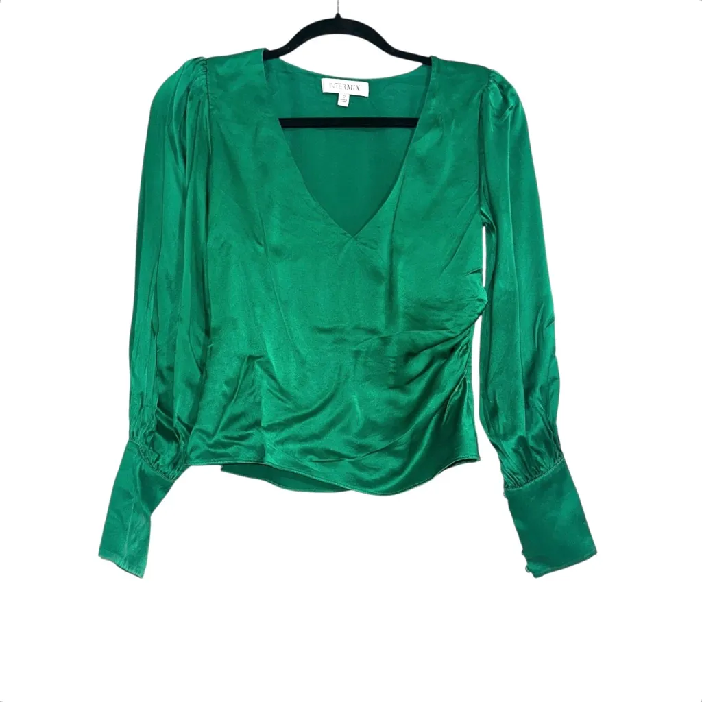 INTERMIX Ashley Emerald Green Silk Satin Long Sleeve Blouse 0 - Image 3