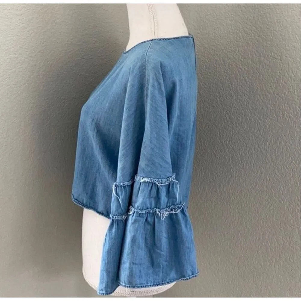 Zara Trafaluc Denimwear Chambray Tiered Bell Sleeve Crop Top Size XS - Image 4