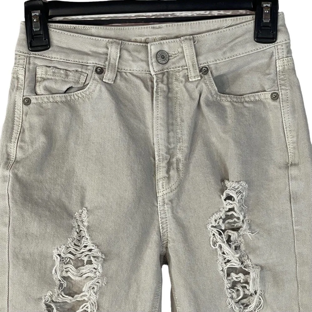 American Eagle SZ 00 Mom Straight Jeans Mid-Rise Distressed Rips Pockets Gray - Image 2