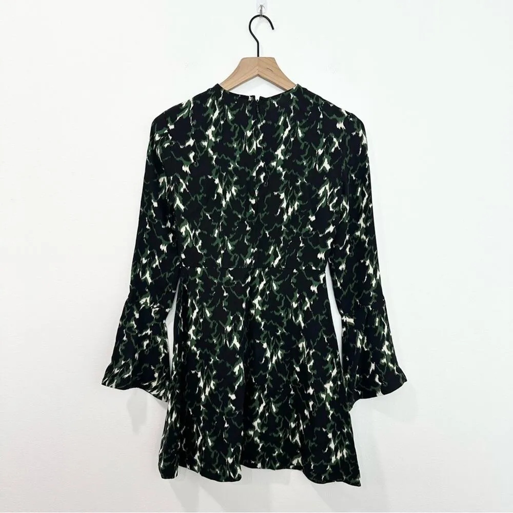 A.L.C Trixie Silk Dress Green Black Printed Bell Sleeve Mini A-Line size 0 - Image 4